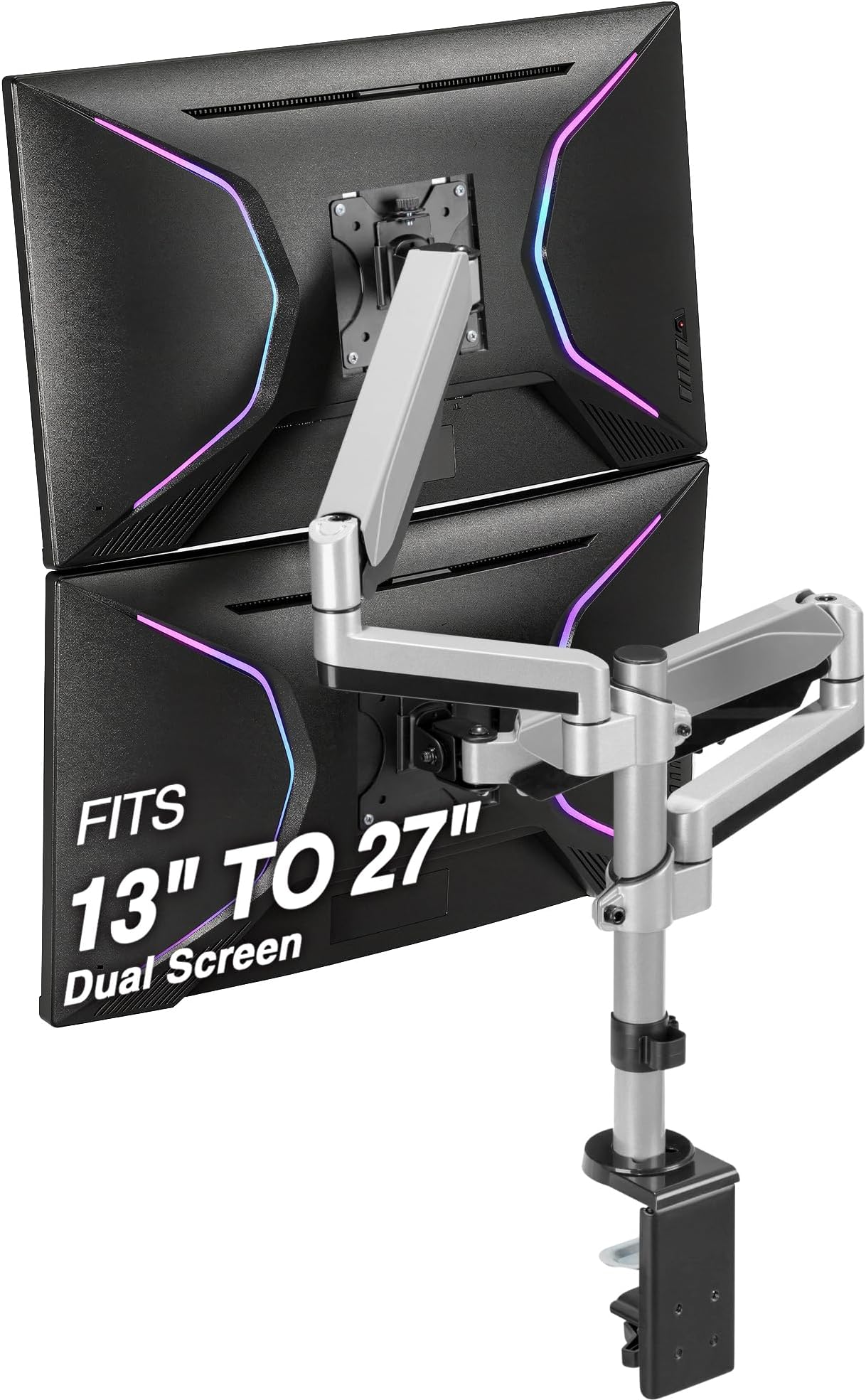 Dual 13 to 27 in Stacked Monitor Arm Desk Mount, Fits Two Flat or Curved Screens, Full Motion Height Adjustable Swivel Tilt Rotation, VESA C-Clamp Grommet Cable Management