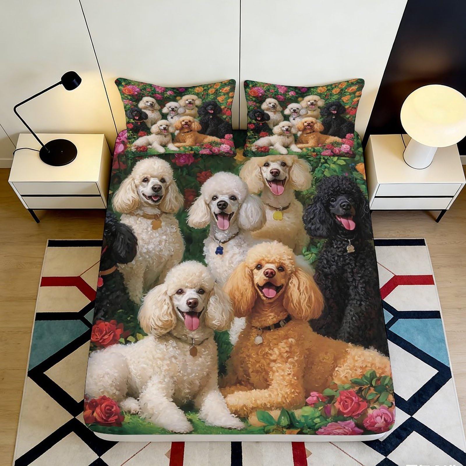 3D Printed Poodle Dog Fitted Sheet Microfiber Soft Breathable Floral Bed Sheet for Bedroom Guest Room Decor 90x200x25cm