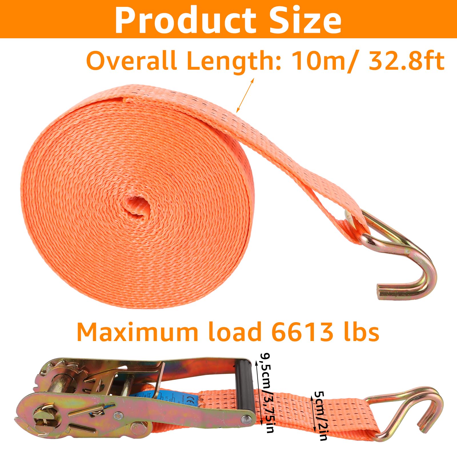 Lot de 2 Sangle a Cliquet 10m x 50 mm, Sangle a Cliquet 3000kg avec Crochet, Sangles D'arrimage Orange, Sangles à Cliquer pour Remorque, Moto, Voiture, Cargo