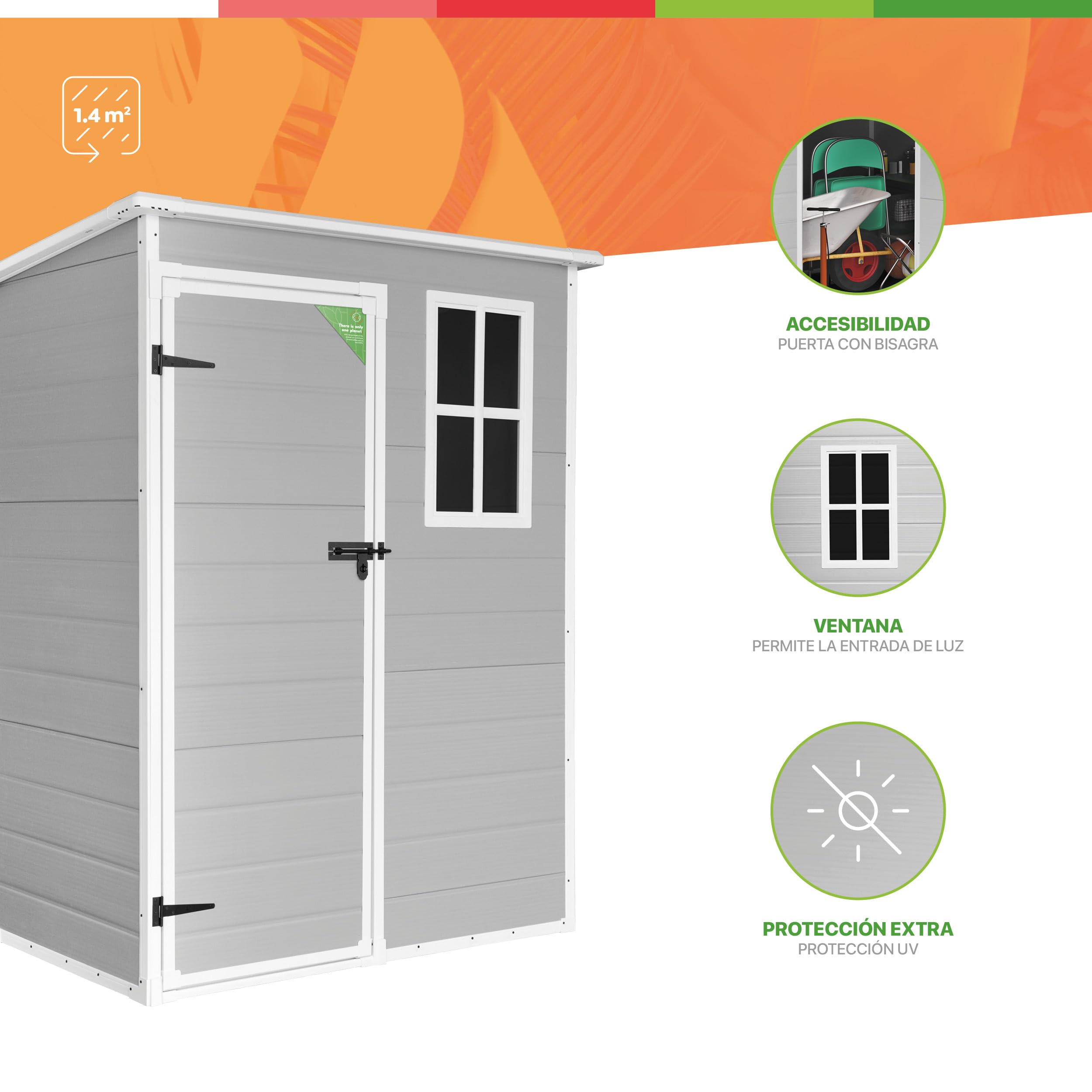 Wasabi - Caseta de Resina Jardín Aqua 1.4 – Ventana Luz Natural – Suelo Incluido - Paneles 12mm de Espesor - Gris Blanco - Cobertizo PVC Almacenaje Exterior - 1,37m2 Techo Dos Aguas - 2