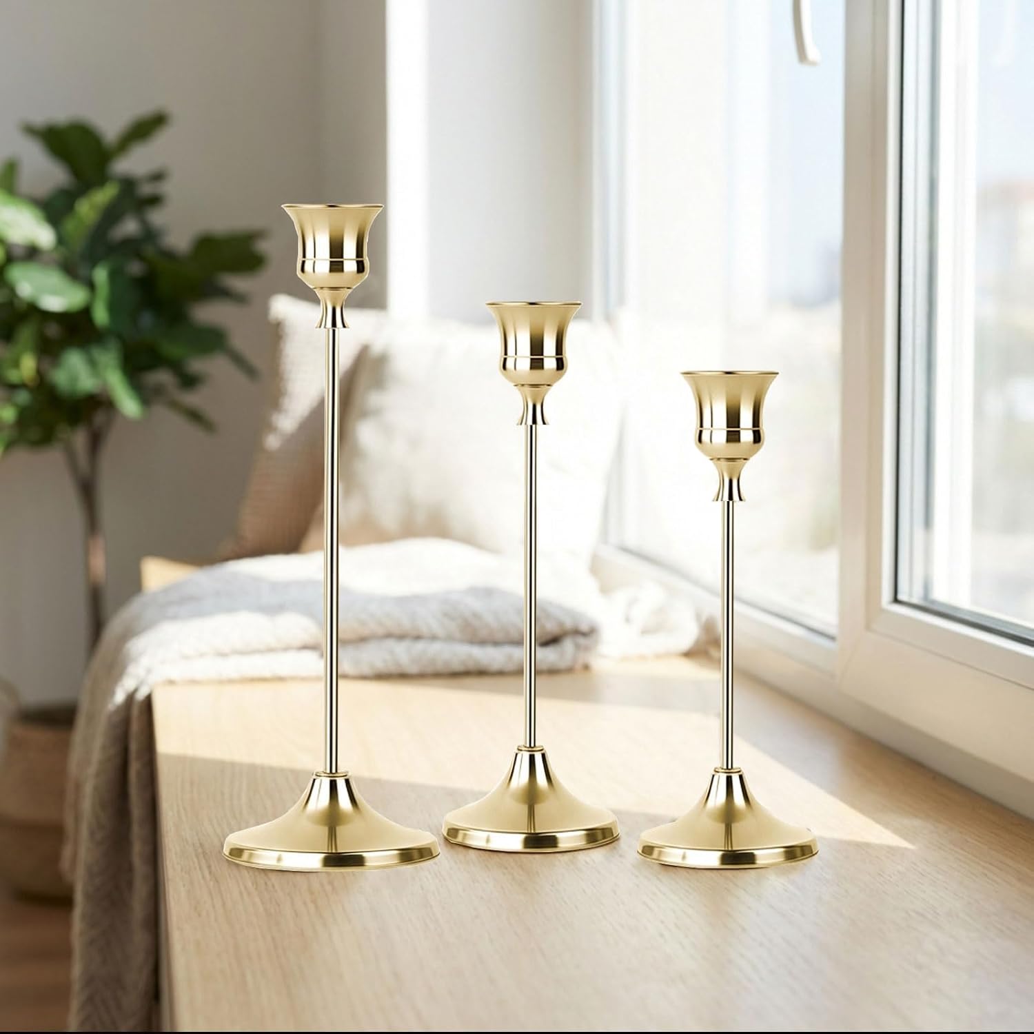 1 Sets Candle Holder Gold Candlestick Holders - HearthLume Vintage Modern Metal Taper Candle Holders, Decorative Centerpiece for Table Mantel, Wedding Kitchen Home Decor, Wedding Gift,3Pcs