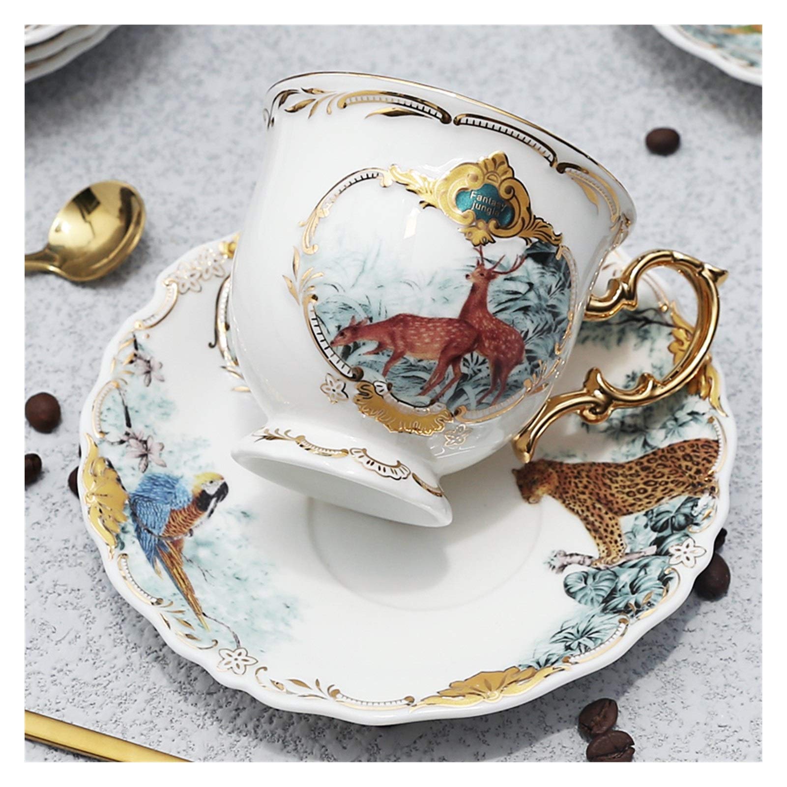 QSCTYG Cup And Saucer Set Porcelain Coffee Cup Set Jungle Animal Coffee Cup And Saucer Bird Monkey Style Gold Bone China Tea Cup 49 (Color : 01) - Image 2