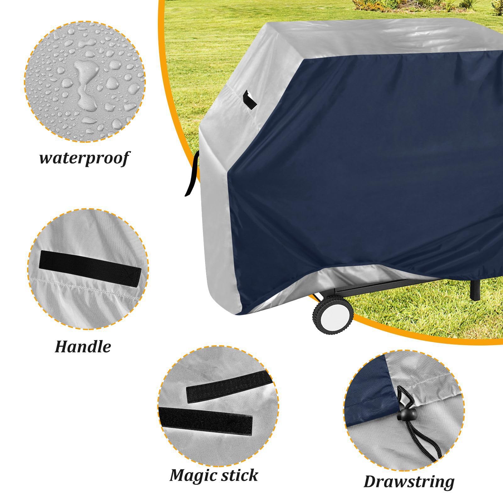Cubierta impermeable para parrilla de barbacoa, a prueba de polvo, revestimiento plateado anti-UV, protección de parrilla de gas resistente, accesorios de barbacoa al aire libre azul marino