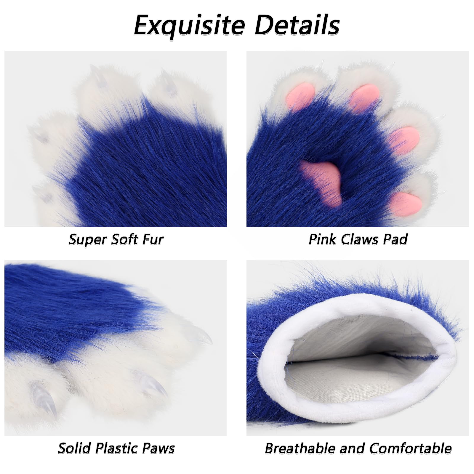 hbbhml Faux Fur Plush Furry Cat Claw Gloves Fursuit Animal Fox Paws Mittens Halloween Cosplay Costume Accessories for Adult: Blue