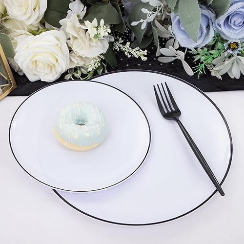 Miniatura 9 de EI 180 platos de plástico negro, juego de vajilla de plástico blanco y negro, cubiertos negros, incluye 30 platos llanos, 30 platos de postre, 30