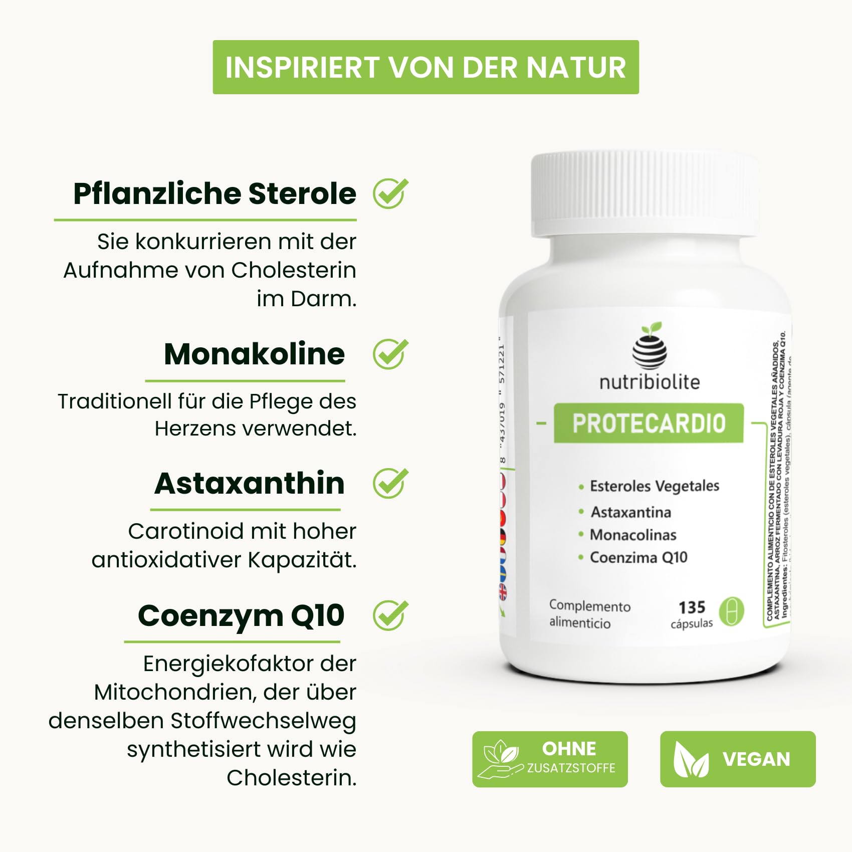 Cholesterin Komplex mit Pflanzlichen Sterolen 997,5 MG, Roter Reis (Monakoline), Coenzym Q10 & Astaxanthin – 135 vegane Kapseln ohne Zusatzstoffe | Protecardio Nutribiolite