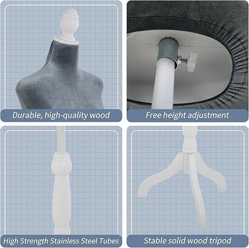 Miniatura 5 de XXKseh Maniquí cuerpo vestido forma torso maniquí femenino 49.6-63.4 pulgadas con altura ajustable trípode de madera soporte para la exhibición de