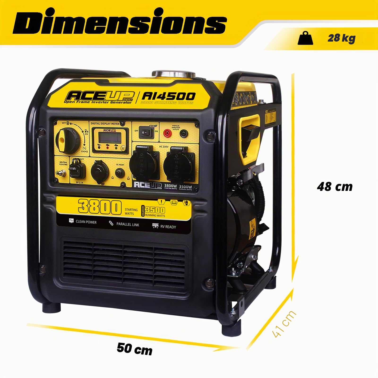 Aceup Energy Groupe électrogène à inverseur 3800W avec générateur à essence 230V 12V pour pannes de courant et chantiers de construction Affichage intelligent 4 temps