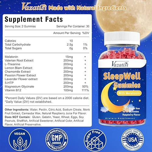 Miniatura 6 de Gomitas para dormir para adultos y niños, gomitas de melatonina sin azúcar con 7.5 mg de melatonina por gomita, magnesio, L-teanina, vitamina B12,