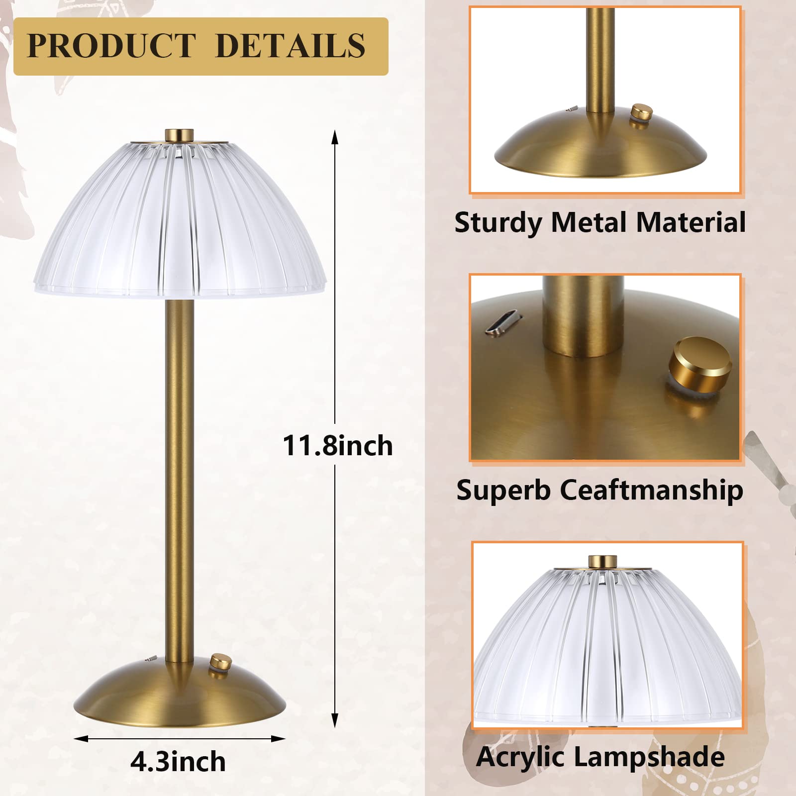 Liliful 2 szt. LED przenośna bezprzewodowa złota lampa stołowa dotykowa akumulator lampa biurkowa złota lampa na baterie 3 kolory ściemniana złota lampa do jadalni lampa biurkowa do sypialni salonu