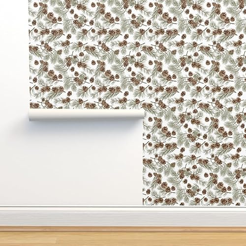 Miniatura 3 de Spoonflower Commercial Grade Wallpaper Swatch - Woodland Pine Pinecone Spruce Forest Evergreen Outdoors Green Brown White Traditional Wallpaper
