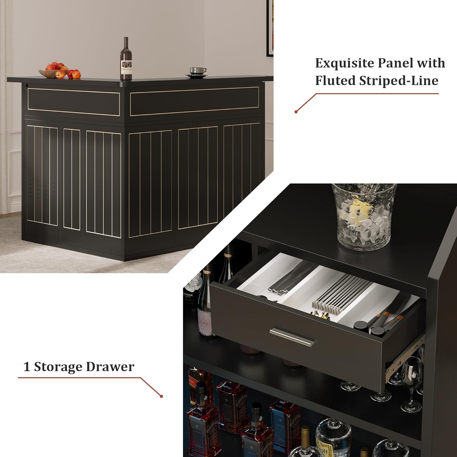 L-Shaped Home Bar Cabinet with Fridge Space, 4-Tier Corner Bar Cabinet with Glass Holder, Liquor Cabinet for Home with Led Lights, Power Outlets, Wine Cabinet for Living Room, Dining Room, Basement