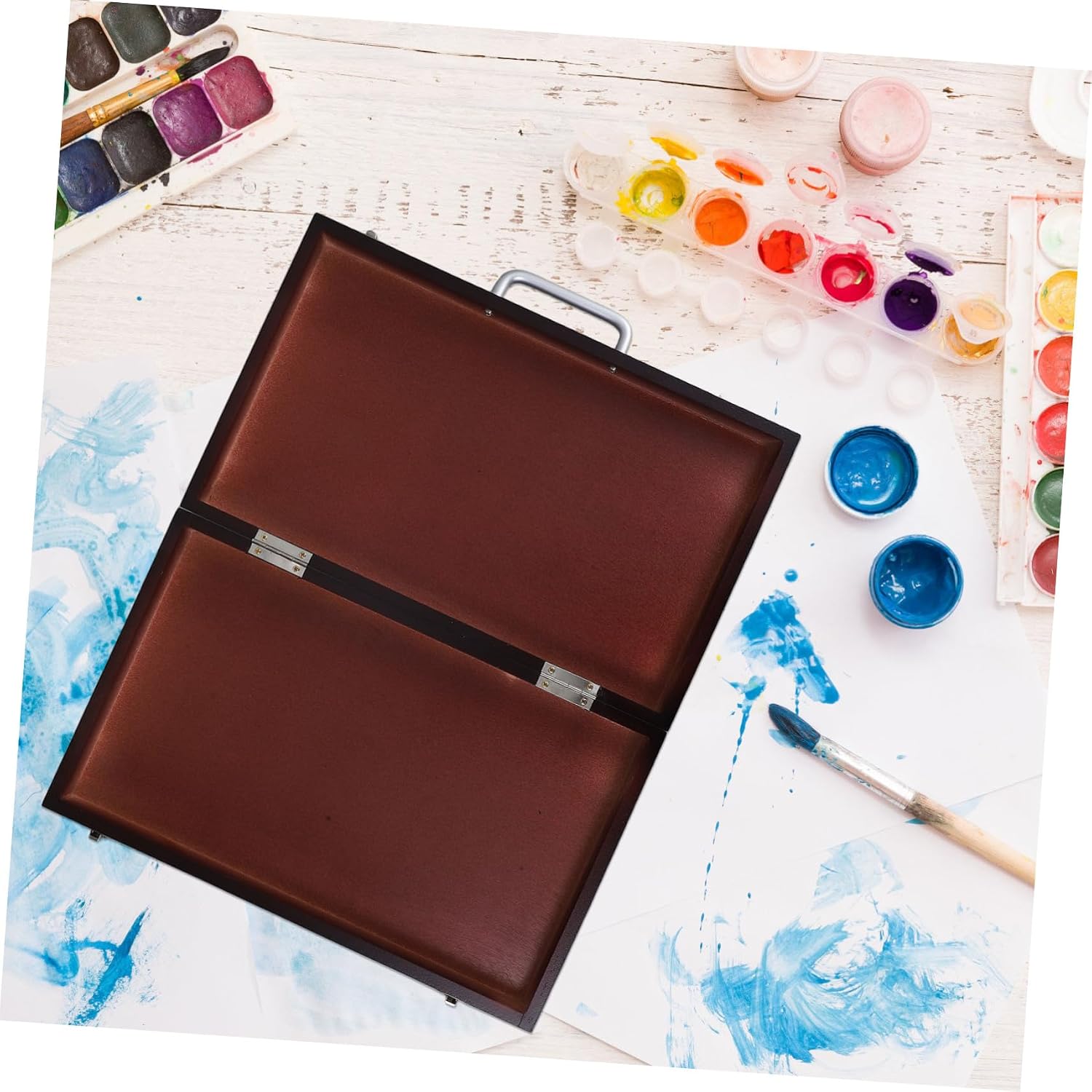 NUOBESTY Portable Art Supplies Box with Brush and Paint Storage Elegant Walnut Finish for Outdoor Painting and Mixing