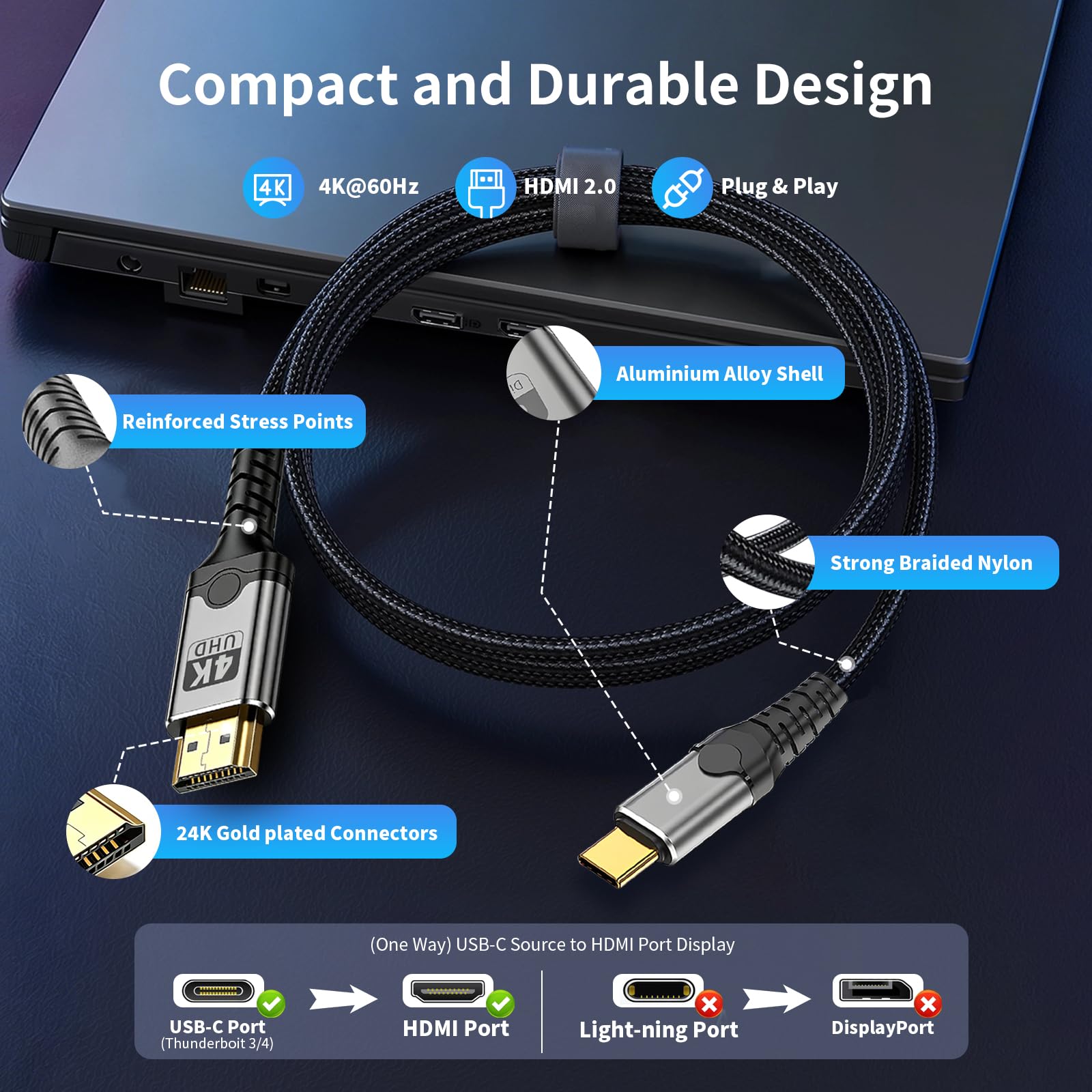 Cable USB C a HDMI, cable USB 3.1 tipo C a HDMI de alta velocidad de 3.3 pies (4K a 60 Hz), Thunderbolt 5/4/3, compatible con MacBook Neo, iPhone 17/16 Pro/Max, iPad Pro, Galaxy S9 a S24