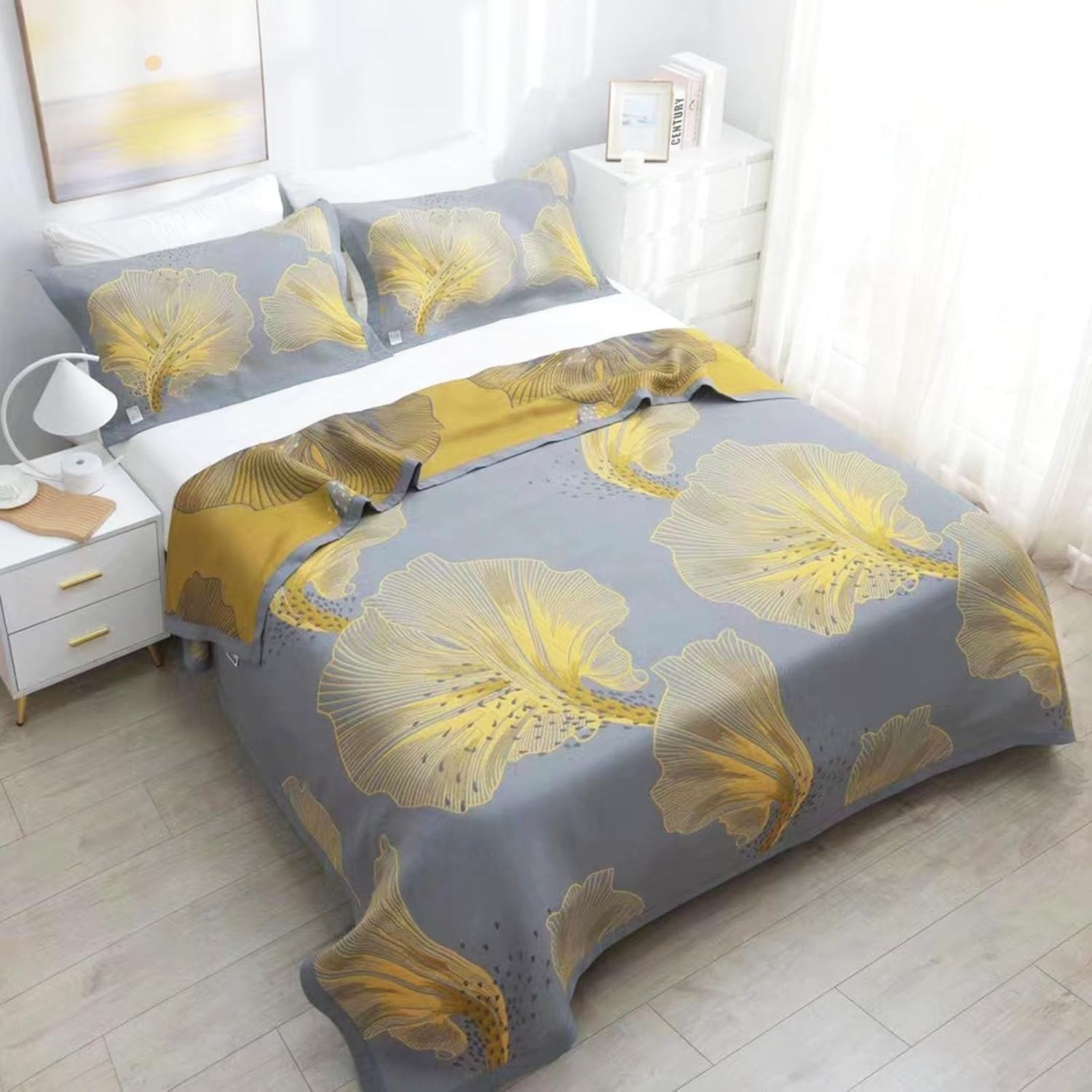 Big Ginkgo Leaf Quilt Queen Size Bedspread Reversible Thin Bedspread Coverlet Throw Blanket Summer Comforter for Bed and Couch(A,79" W X 90" L)
