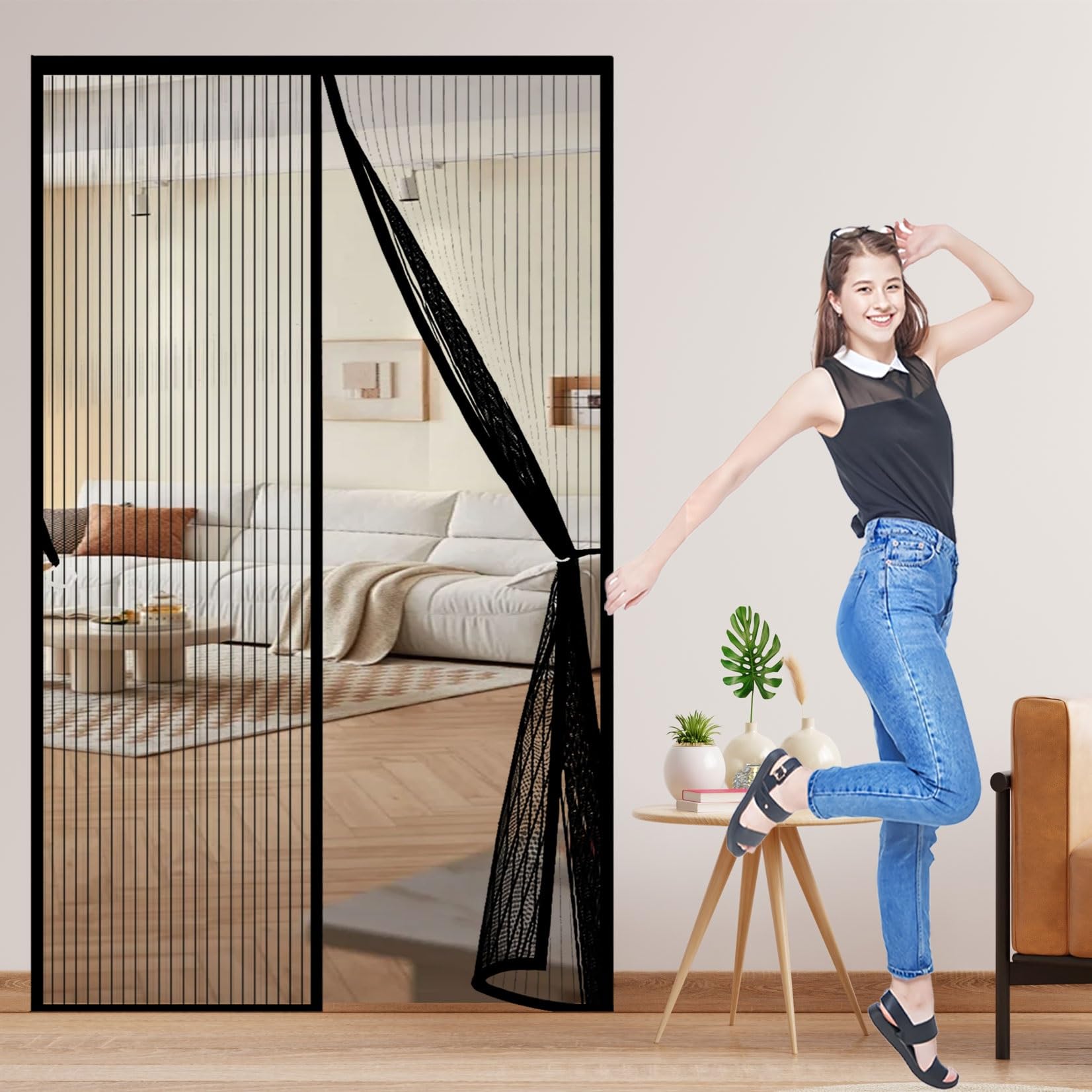 Fliegengitter Tür 229 x 323 cm Extra Starke Magnete Magnet-Verschluss Insektenschutzgitter mit Selbstklebendes Klettband für Balkontür/Terrassentür, Schwarz