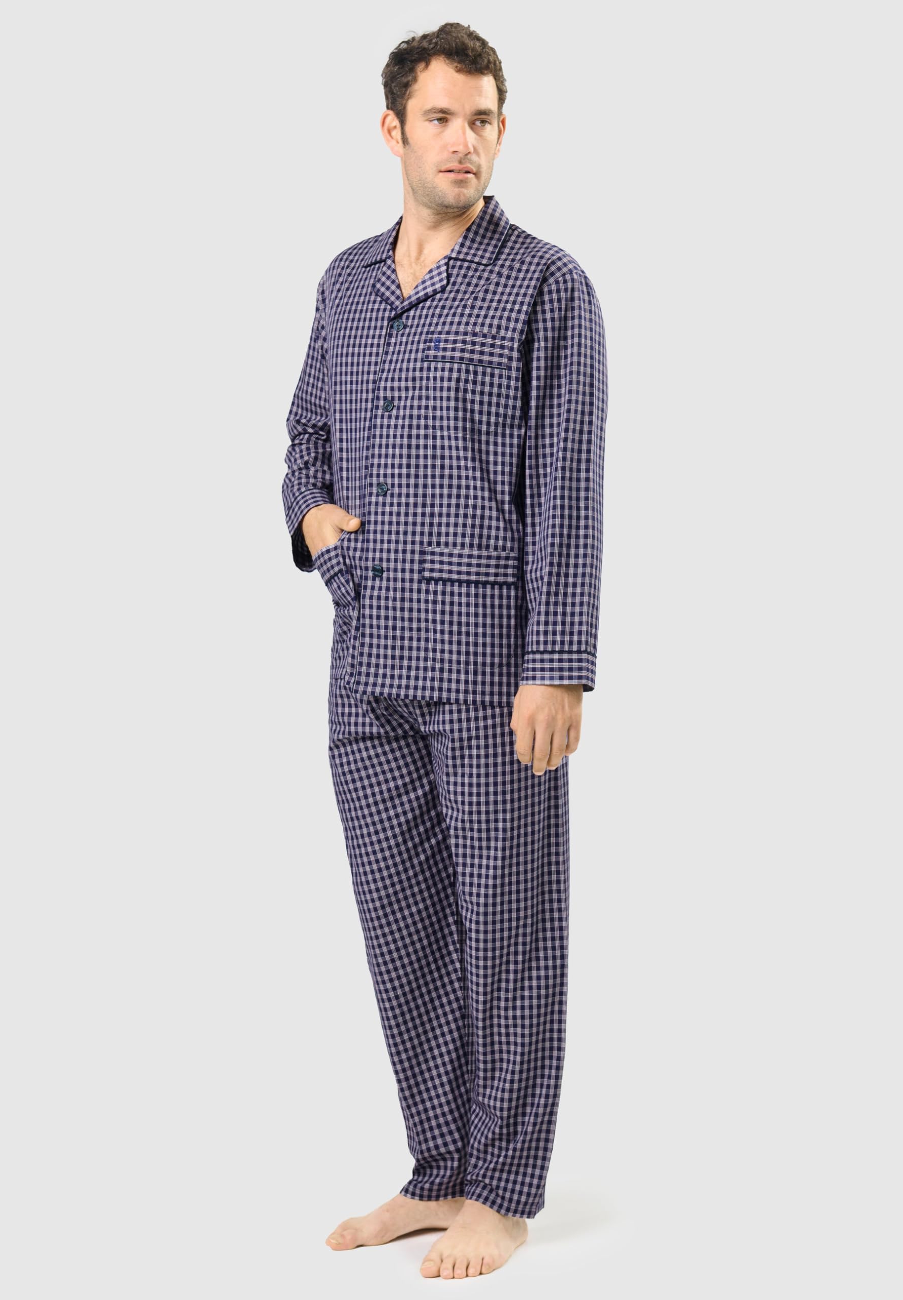 El Búho Nocturno Pigiama da uomo 100% cotone, tessuto classico, due pezzi, maniche lunghe, camicia, tasche, giacca, bottoni, apertura frontale, traspirante, taglie forti