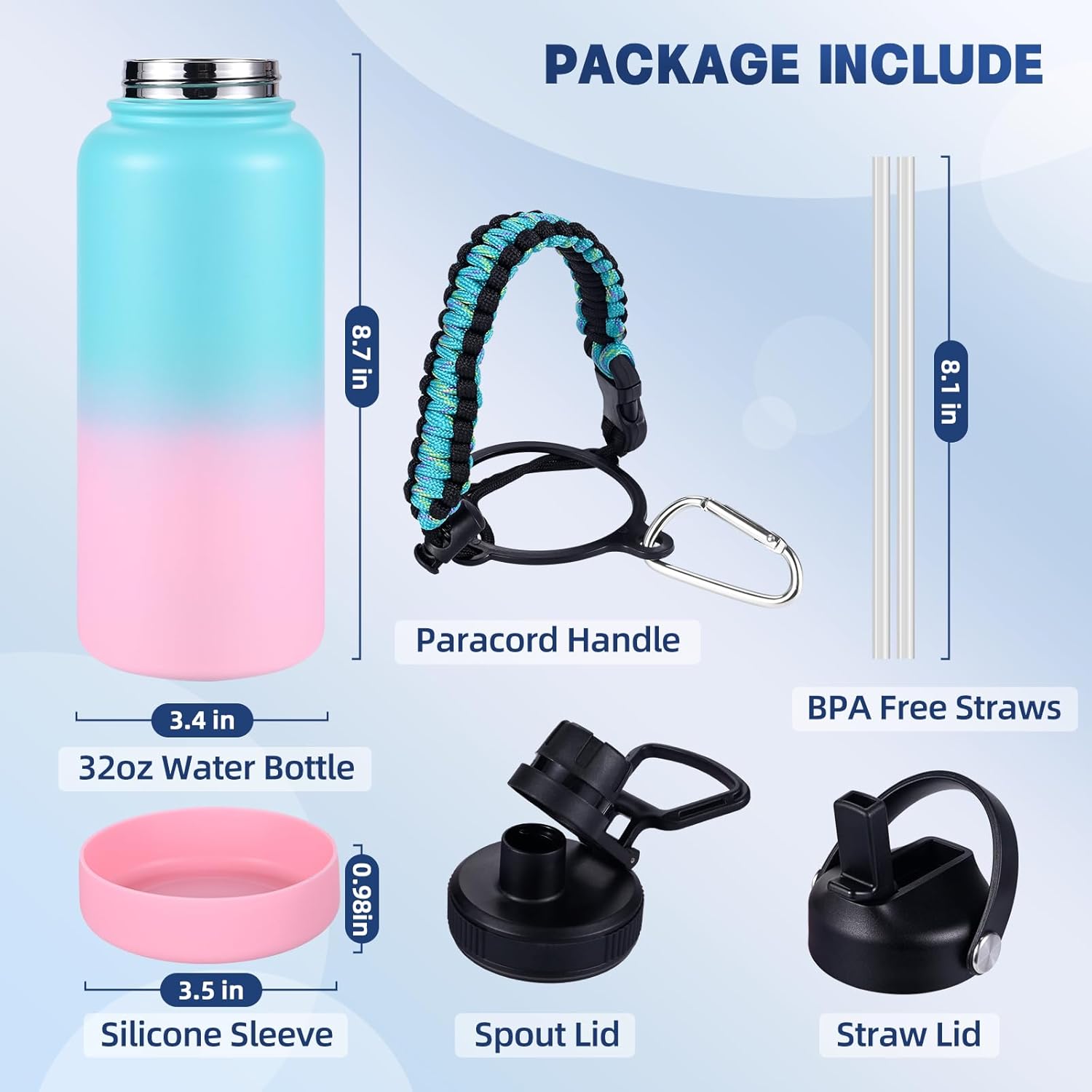 Insulated Water Bottle, 32 oz Stainless Steel Wide Mouth Water Bottles with 2 Leak Proof Lid and Paracord Handle, Double Wall Vacuum Insulated Sports Water Bottle, Teal Pink - Image 2