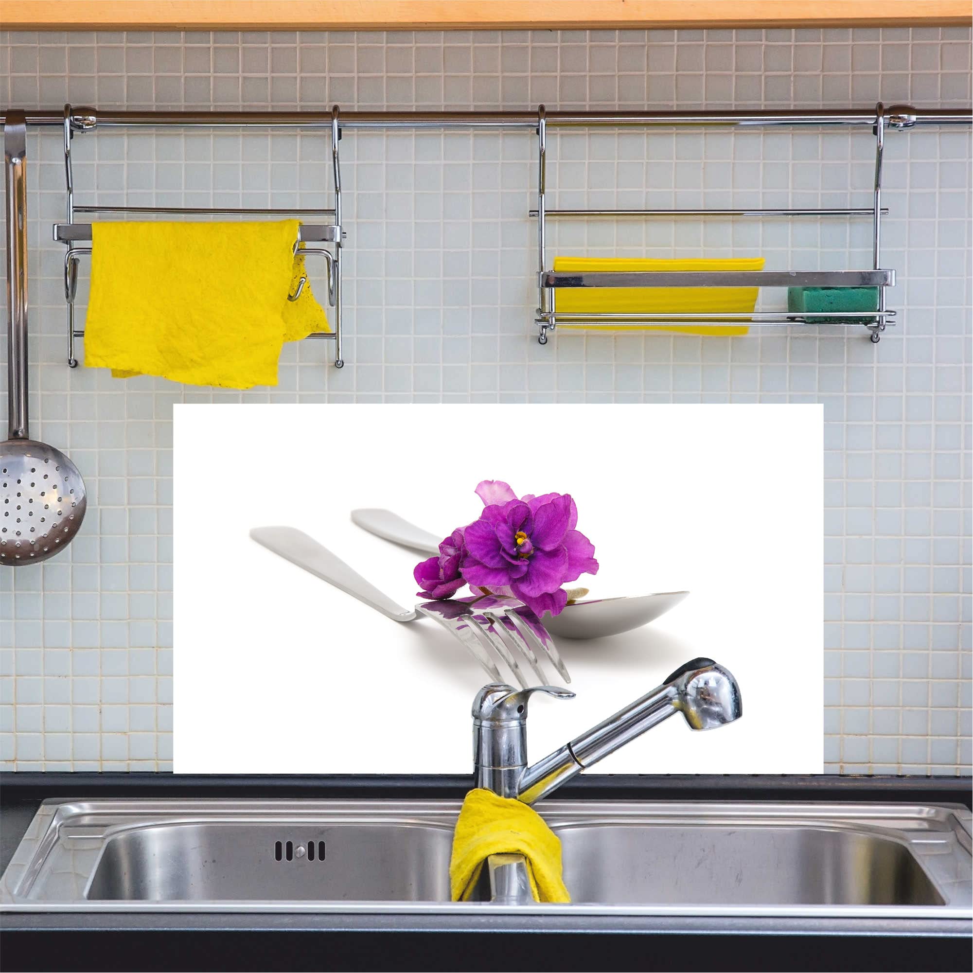 INDIGOS UG - Pannello posteriore da cucina per piastrelle, forchetta con fiori, 80 x 60 cm, paraspruzzi in alluminio, resistente al calore, pannello posteriore da cucina, moderno, lavabile, per