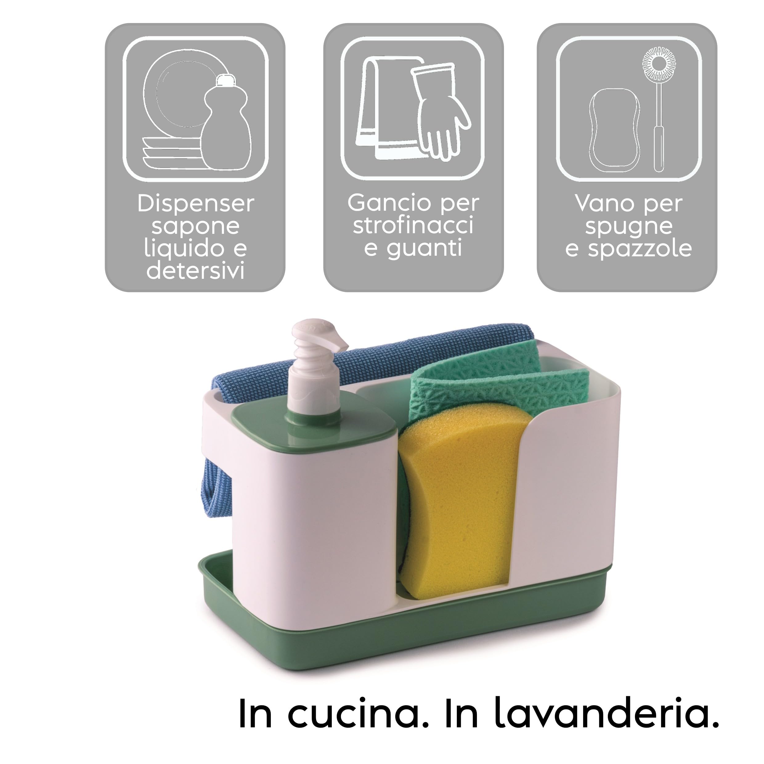 Snips Riordinello Porta Spugne Lavello Cucina 3 in 1, Dispenser Sapone 400 ml con Dosatore, Porta Strofinacci e Organizer Lavello, Accessorio Salvaspazio Cucina, 21 x 12 x 18 cm, Made in Italy