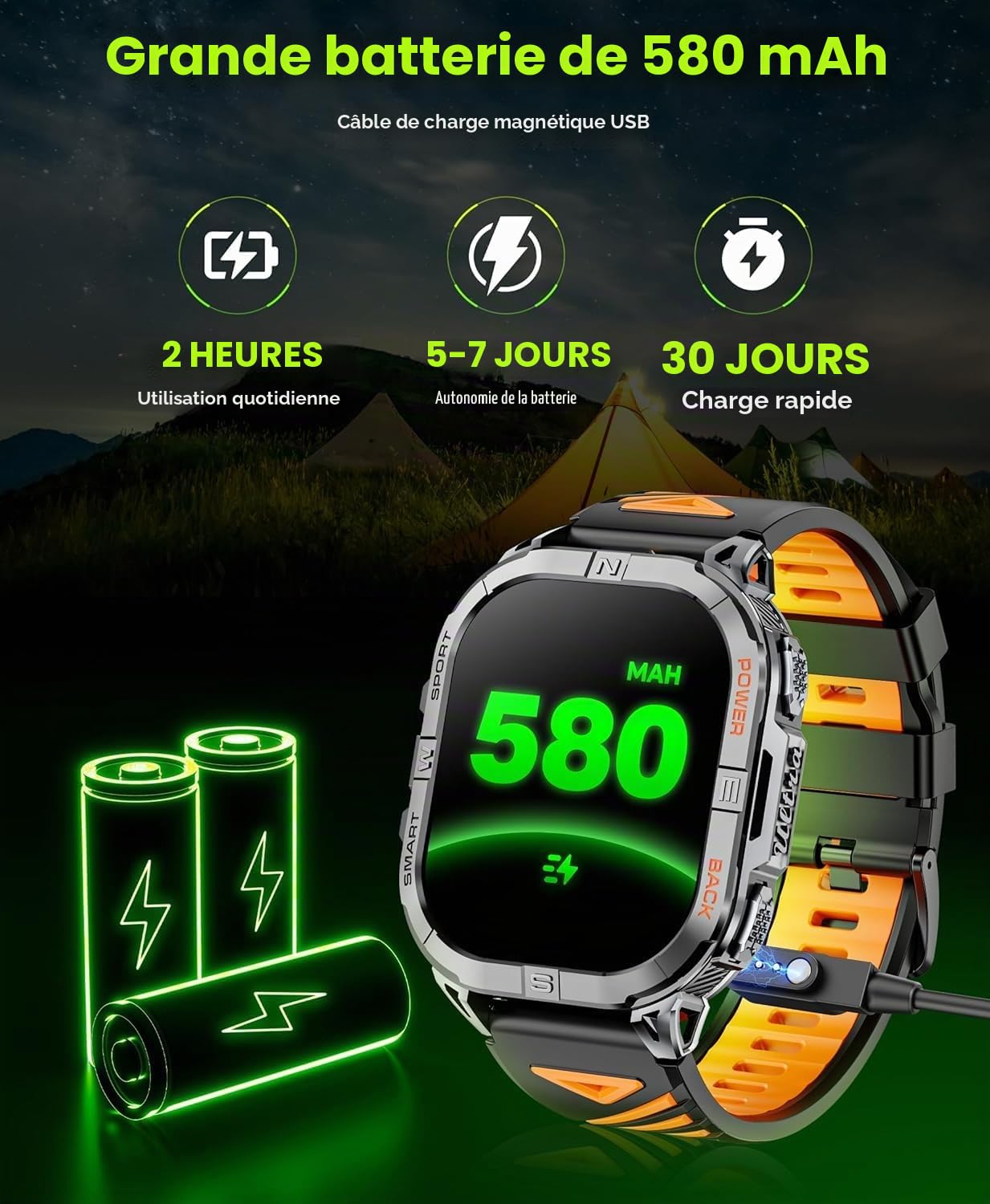 GPS Montre Connectée Homme, 2,13" AMOLED Militaire Smartwatch avec Torche LED/Boussole/100+ Modes Sportifs/580mAh Batterie/Surveillance Santé/Appels Bluetooth pour Android iOS