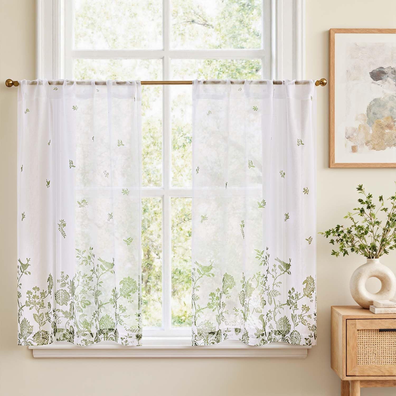 Vangao Blumen Scheibengardinen Voile Bistrogardine 2er Set 65Bx90Hcm, Grün | Landhausstil Stores Boho Blumen Gardinen kurz, Halbtransparent, Küche Schlafzimmer Wohnzimmer Fenster Kinderzimmer Mädchen