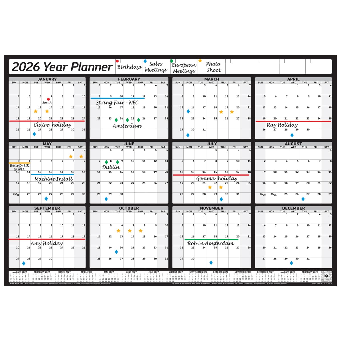 PlannerHead 2026 Grid Style Unmounted & Unlaminated Wall Planner Calendar Chart Poster 12 Months/Yearly Calendar 2026/2027 Footnote/Flexible for Any Country/Black Large (49x70cm)