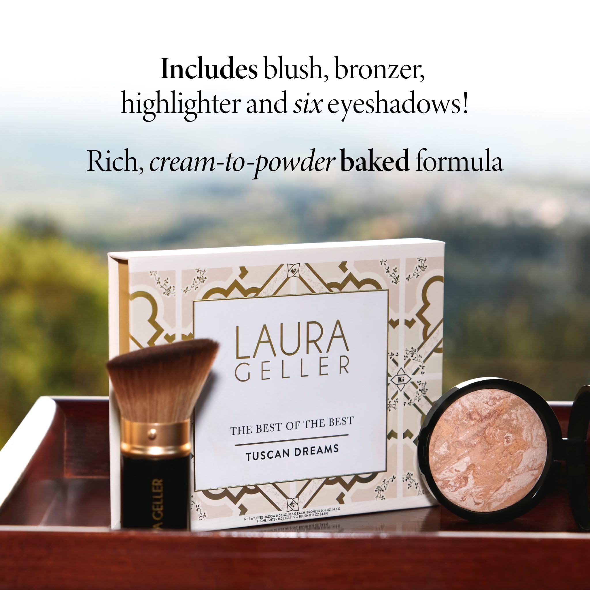 Laura Geller New York Baked Starter Kit - Baked Balance-n-Brighten, Fair + Best of the Best Tuscan Dreams Gesichtspalette + einziehbarer abgewinkelter Kabuki-Pinsel (hell)