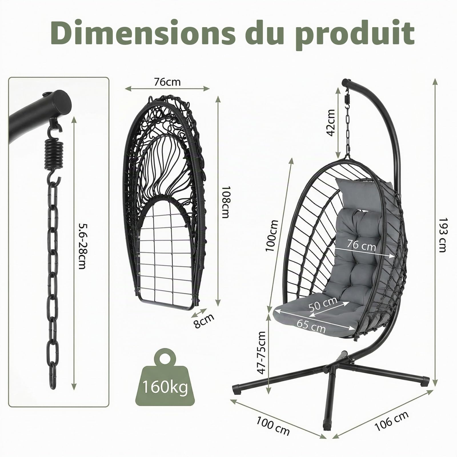 LIFERUN Fauteuil suspendu avec cadre - Pliable - Avec coussin - Pour l'intérieur et l'extérieur - Balançoire pour adultes et enfants - Pour jardin, terrasse, balcon, salon - Charge maximale : 160 kg