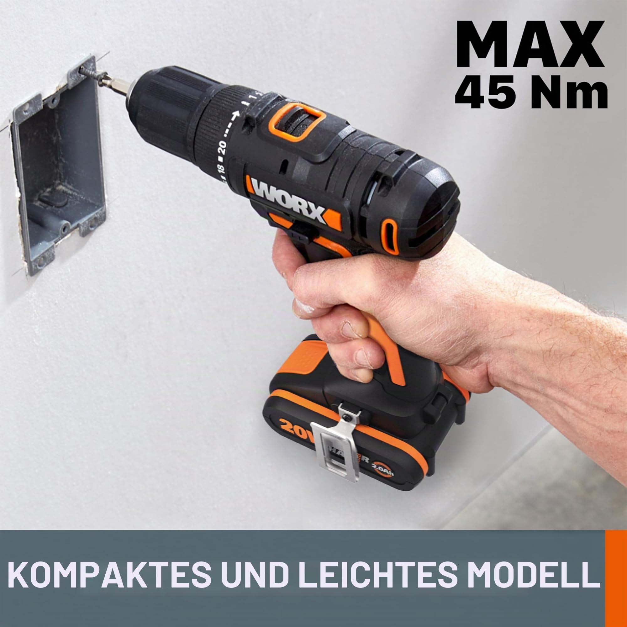 WORX WX108.9 Akku Bohrschrauber 20V – Allrounder Schrauber zum Bohren & Schrauben für Verschiedene Materialien – 2-Gang-Getriebe & 20+1 Drehmomenteinstellung bis zu 45Nm – ohne Akku & Ladegerät