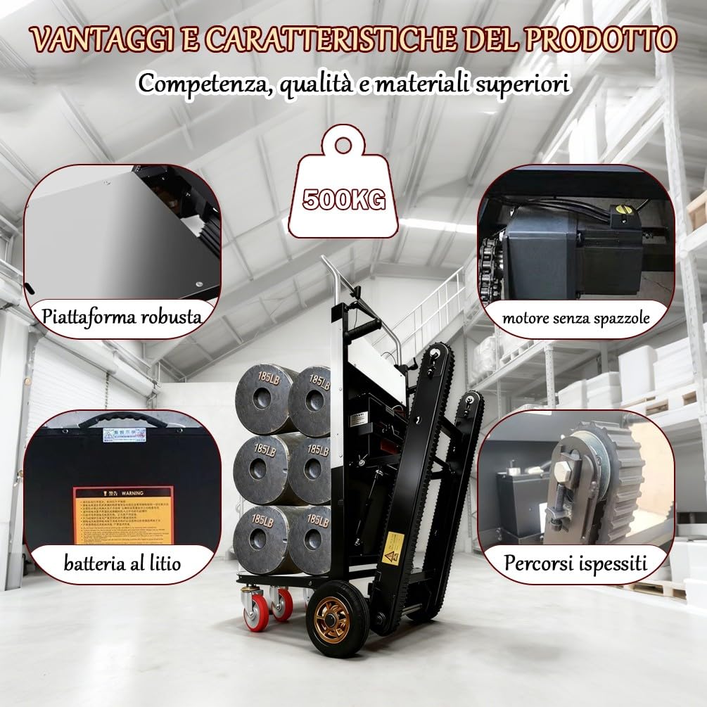 Carrello Montascale Elettrico per Trasporto Pesante 1500W Motore 1100lbs/500kg capacità Carrello Saliscale Elettrico 48V42AH 6-8H Autonomia per Déménagement Magazzino