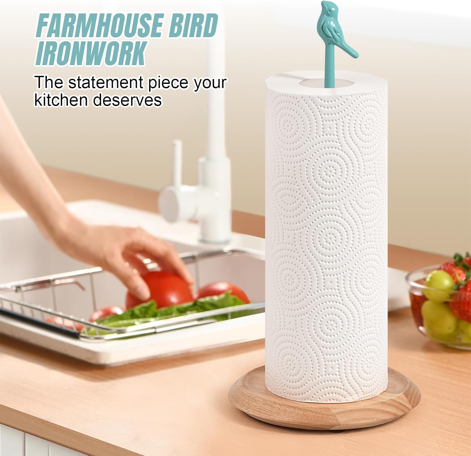Wooden Paper Towel Holder countertop, Stylish Bird Shaped,Solid Wood Base&Iron Top, with Non-Slip Mat, Stable&Durable,Paper Towel Holder Farmhouse Style to Elevate Your Kitchen's Décor (Blue)