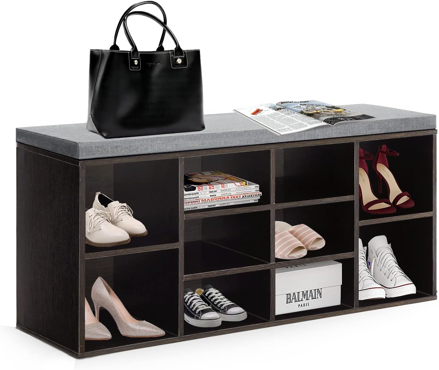 NChanmar Shoe Bench with Cushion,Storage Bench 3-Tier Shoe Rack Bench 10 Cubbies Shoe Organizer Adjustable Shelves for Living Room Entryway Hallway Bedroom (Black)