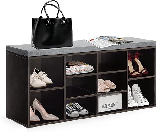 Banco de zapatos con cojín, banco de almacenamiento de 3 niveles, banco de zapatos de 10 cubos, organizador de zapatos, estantes ajustables para