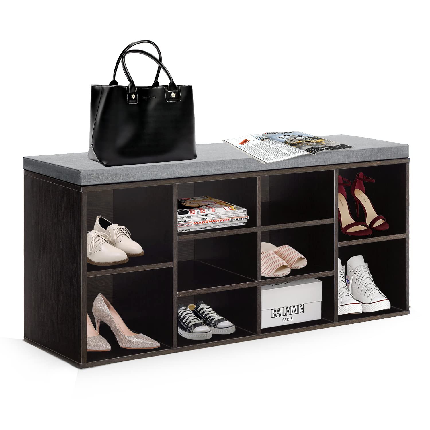 NChanmar Shoe Bench with Cushion,Storage Bench 3-Tier Shoe Rack Bench 10 Cubbies Shoe Organizer Adjustable Shelves for Living Room Entryway Hallway