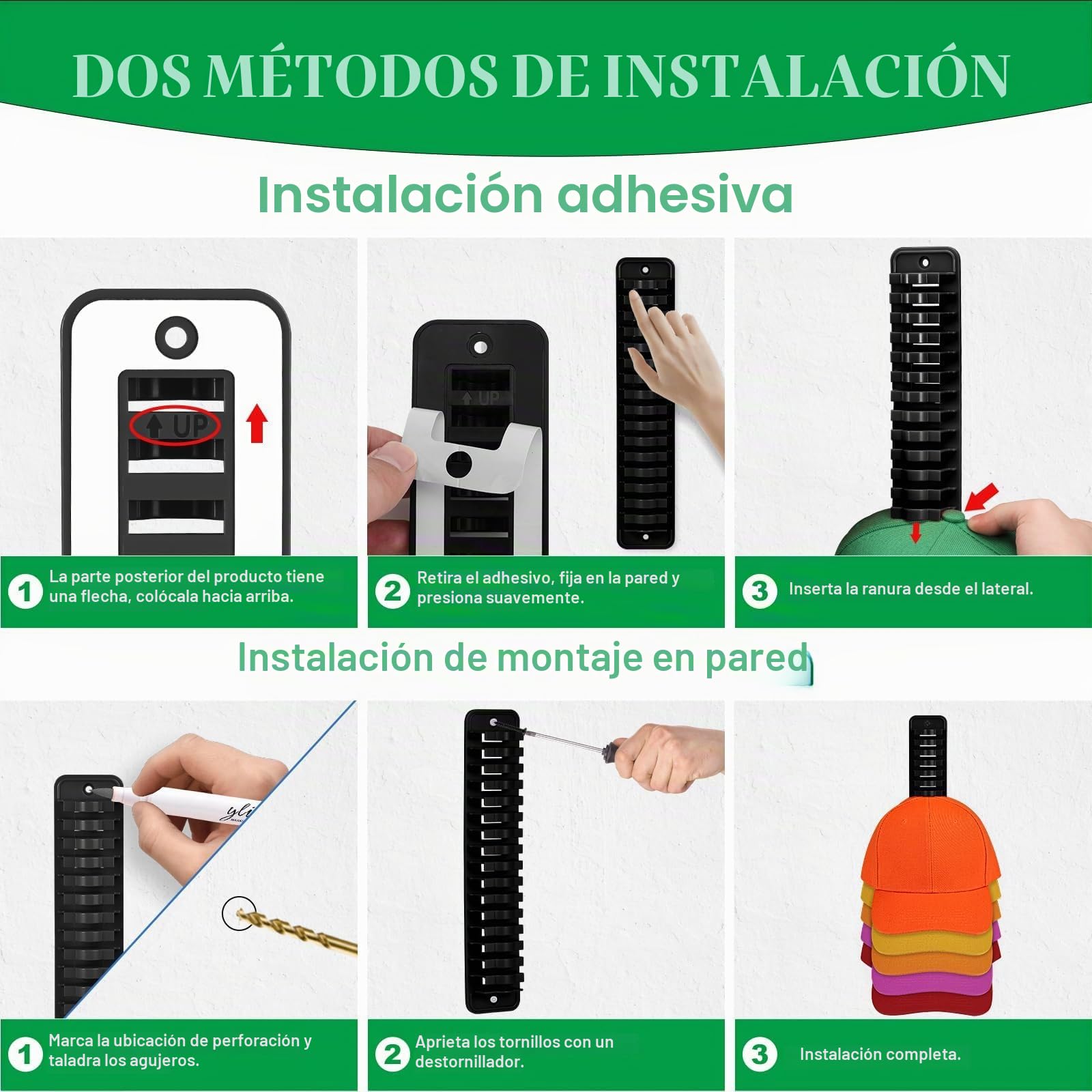 Perchero Organizador de Gorras para Pared o Puerta - 1 Paquete con Capacidad para 16 Unidades - Instalación con Gancho Adhesivo o Taladro, Negro