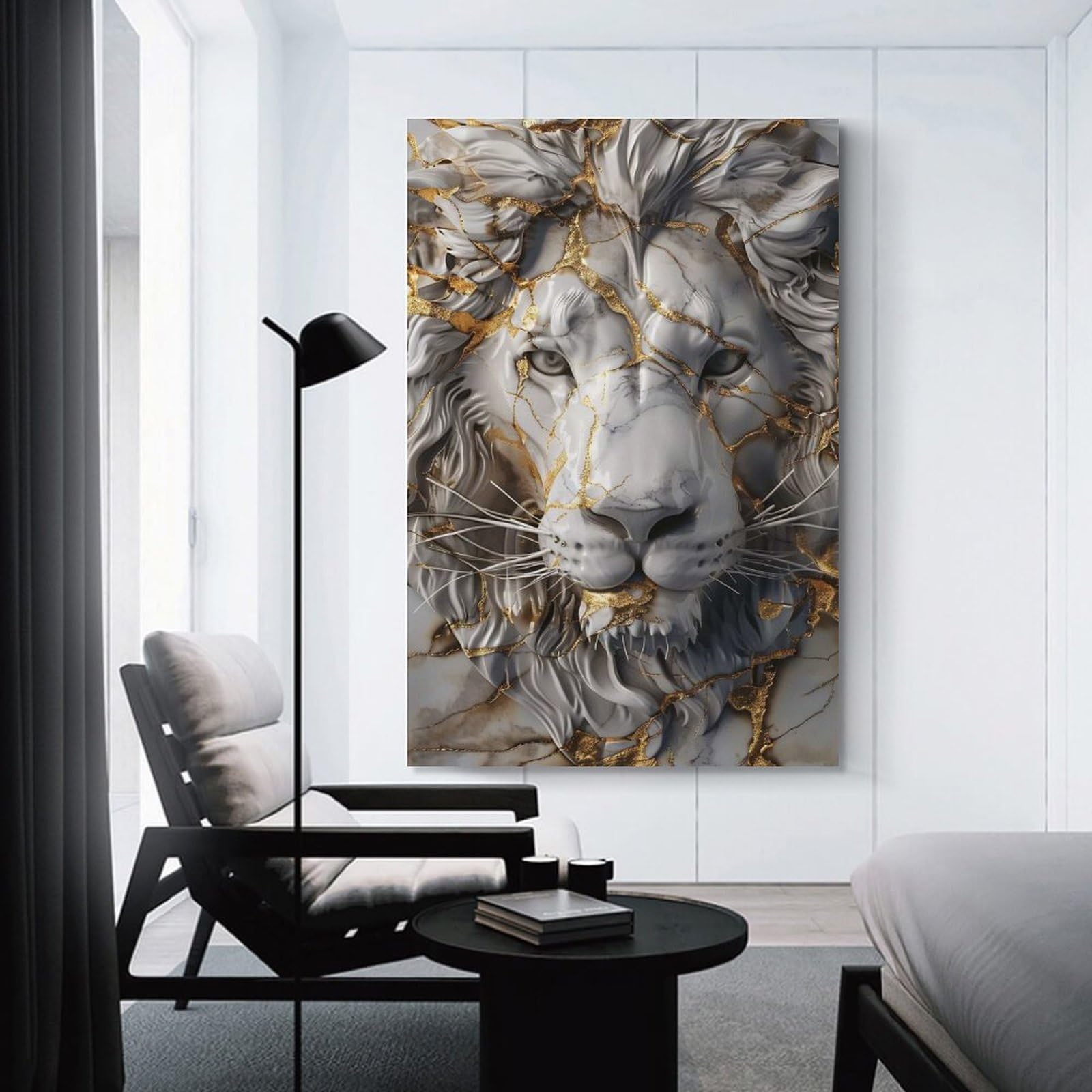 Junmoney Wall Picture Print Kintsugi Art White Lion, 24x36inch(60x90cm), for Living Room, Bedroom Or Home Office, Thoughtful Wall Decor for Art Lovers