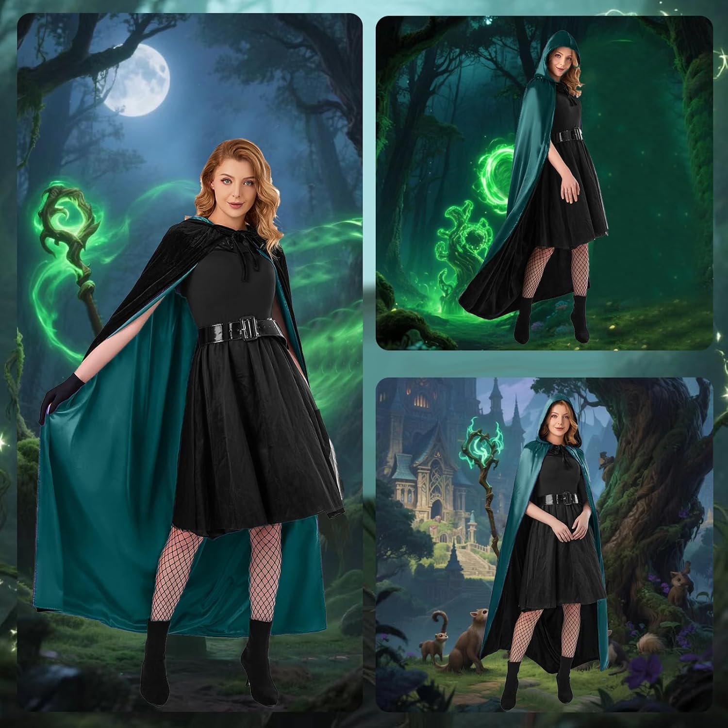WAUKN Black Hooded Coak Women, Halloween Velvet Capes Reversible Cloaks - Image 5
