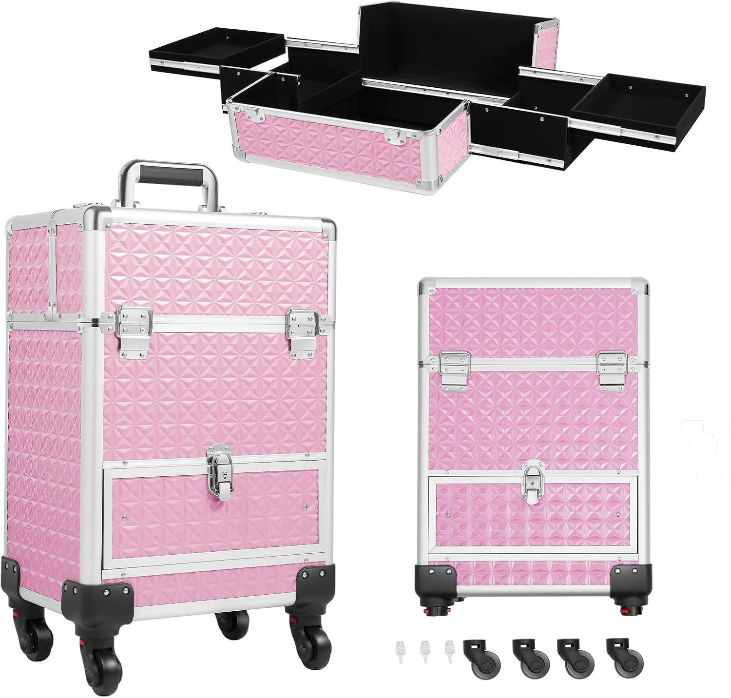Rolling Makeup Train Case, Makeup Artist Cosmetic Train Case Portable Salon Barber Case Traveling Cart Trunk with Wheels Large Makeup Case Organizers Multiple Lockable Storage Box (Black)