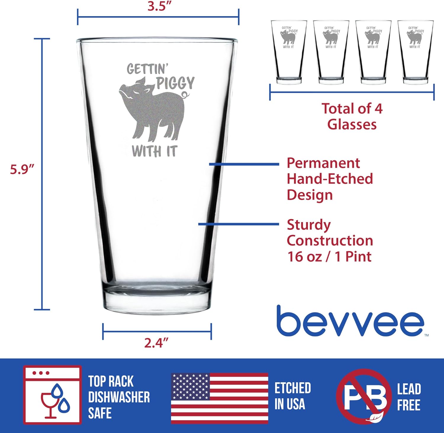 Gettin Piggy With It - Funny Pig Pint Glass Gifts for Beer Drinking Men & Women - Set of 4 - Fun Unique Pig Decor