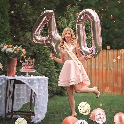 Miniatura 6 de Decoraciones de cumpleaños número 40 para mujer, decoración de fiesta de cumpleaños número 40 para ella, pancarta de feliz cumpleaños, globos del