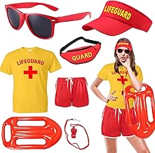 7 Pcs Life Guard Costume Set Guard Accessories Kit Include T-shirt Shorts Fanny Pack Hat Whistle Inflatable Float Prop Sunglasses Life Guard Fancy Dress for Women Halloween Cosplay Dress Up Party