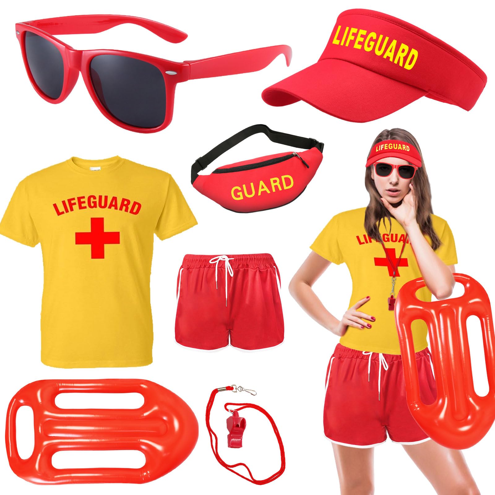 7 Pcs Life Guard Costume Set Guard Accessories Kit Include T-shirt Shorts Fanny Pack Hat Whistle Inflatable Float Prop Sunglasses Life Guard Fancy Dress for Women Halloween Cosplay Dress Up Party