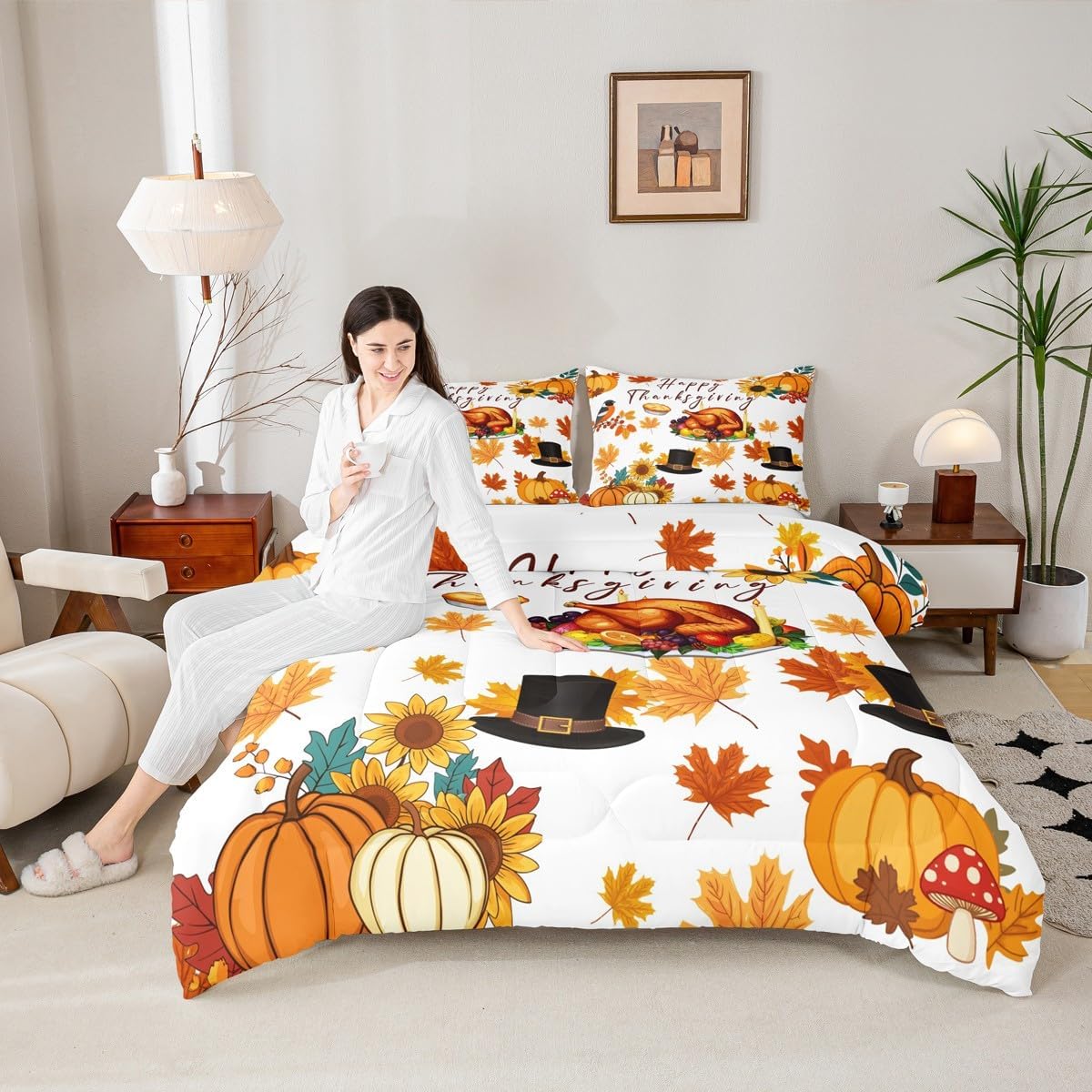 Thanksgiving Turkey Bedding Queen for Boys Girls Women Happy Fall Y'All Comforter Set Autumn Harvest Themed Bedding Comforter Sets Fall Season Duvet Insert Farm Maple Leaf Pumpkin Sunflowers Quilt