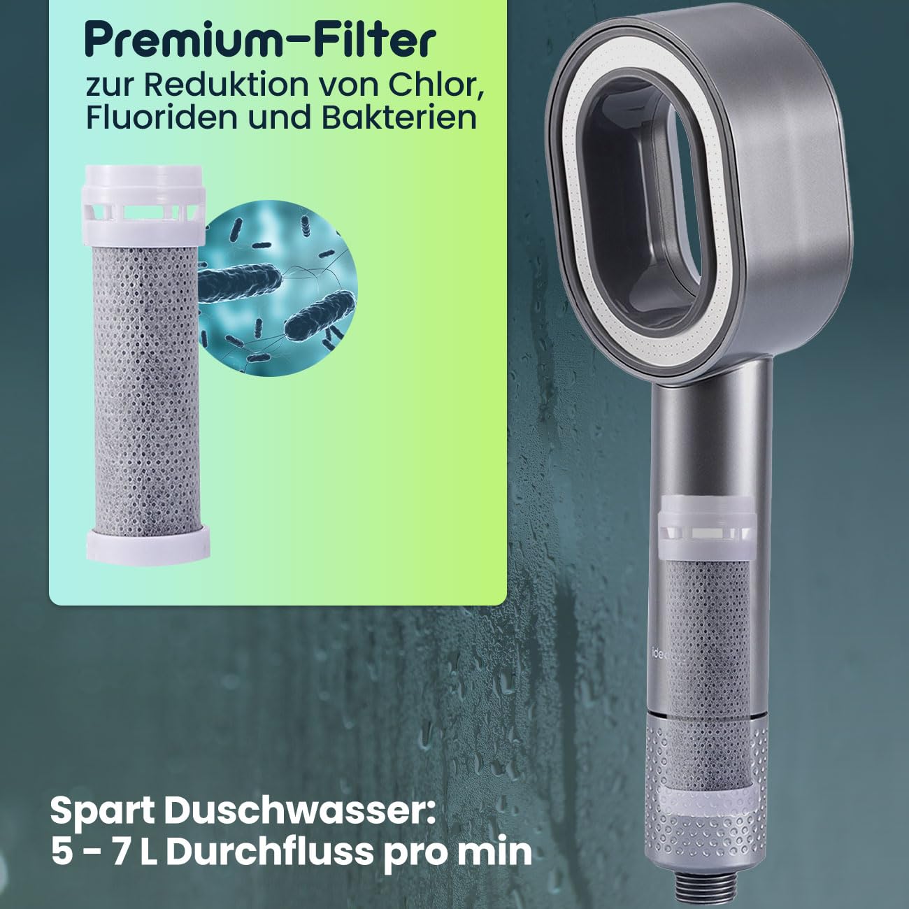 ideoon Duschkopf mit Filter 3-in-1 Wasserspar - Inkl. Bürste & Schwamm - 2 x Premium-Wasserfilter - Eleganter Duschkopf zum Wasser sparen & filtern