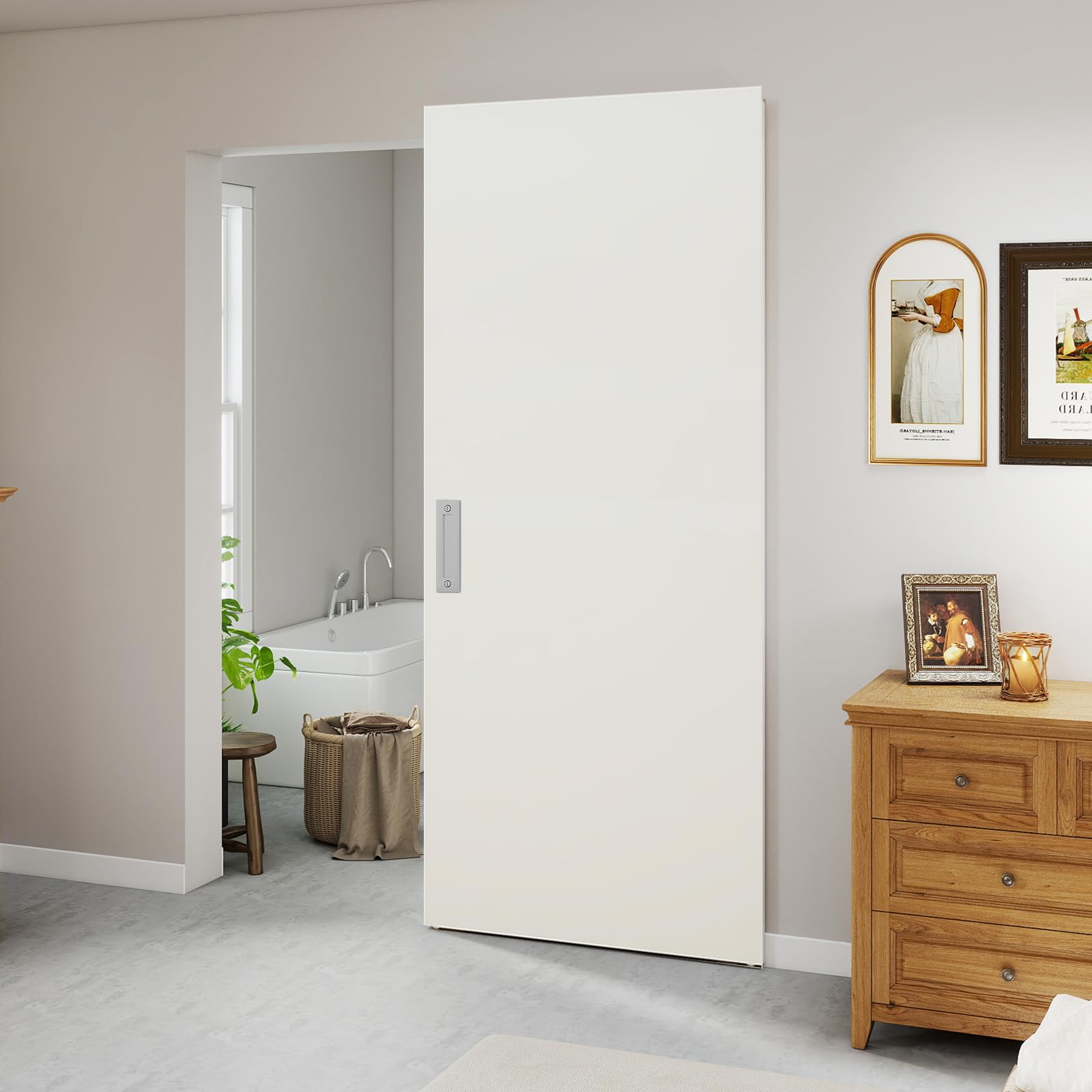 36"x84" Concealed Sliding Barn Door, White Primed Flush Panel Solid Core Sliding Hidden Barn Door with Soft Close Installation Hardware and Double Sided Pulls Included