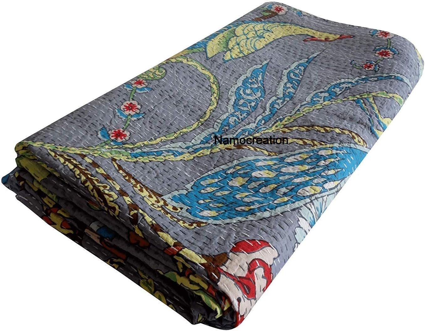 100% Cotton Animal Print Kantha Decor Handmade Quilt Handblock Bohemian Bedspread bedcover Throw Blanket Sofa Cover California King/Queen/Twin Size (Grey, 90X108 Inches)