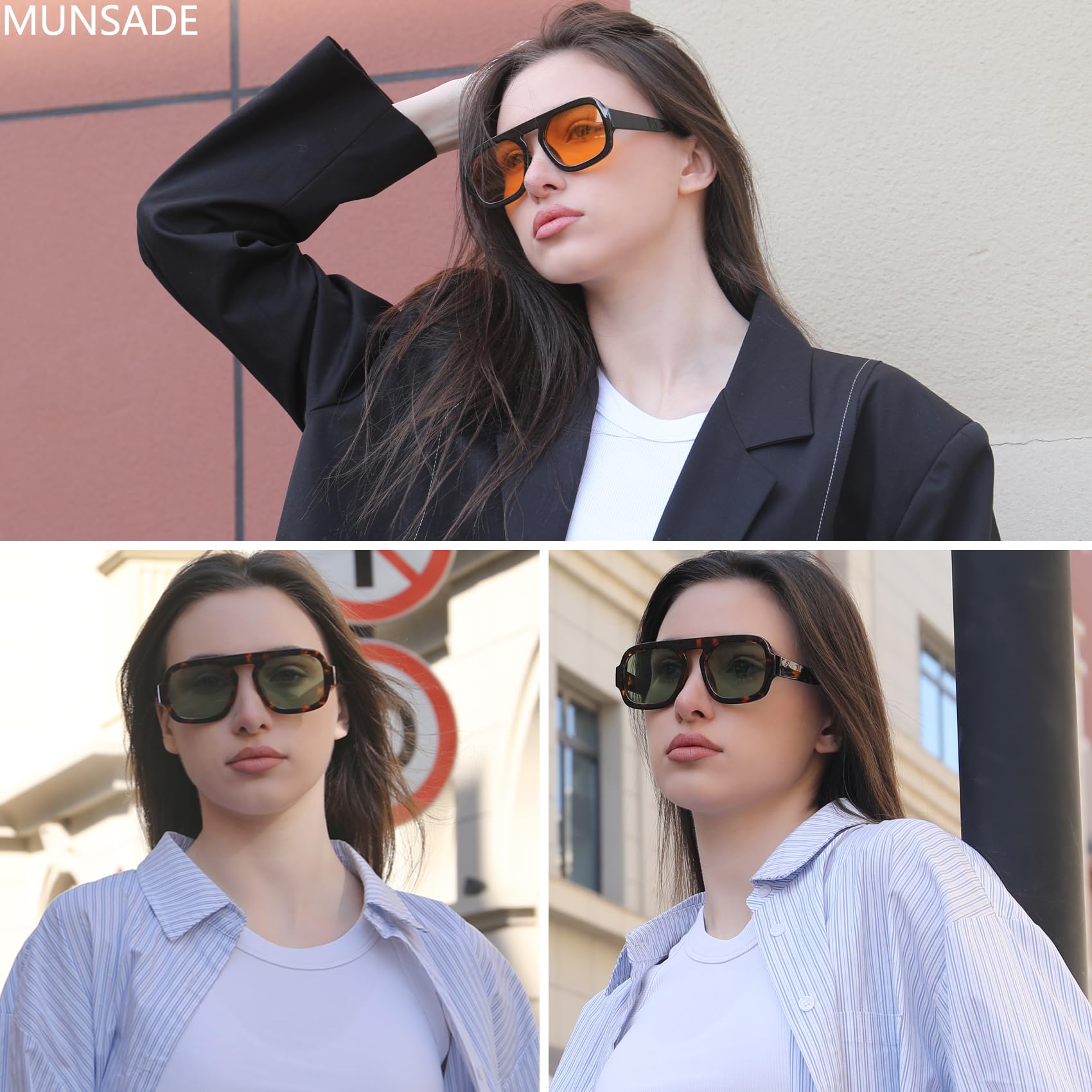 Gafas de sol de aviador cuadradas de moda para mujer, diseño con marco elegante, gafas de sol vintage, Paquete de 2 Negro/Naranja+Tortuga/Verde 3