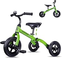 YGJT 3-in-1 Toddler Tricycle Ages 2-5: Folding Balance Bike with Adjustable Seat, Removable Pedals - Green Ride-On Gift for Boys Girls