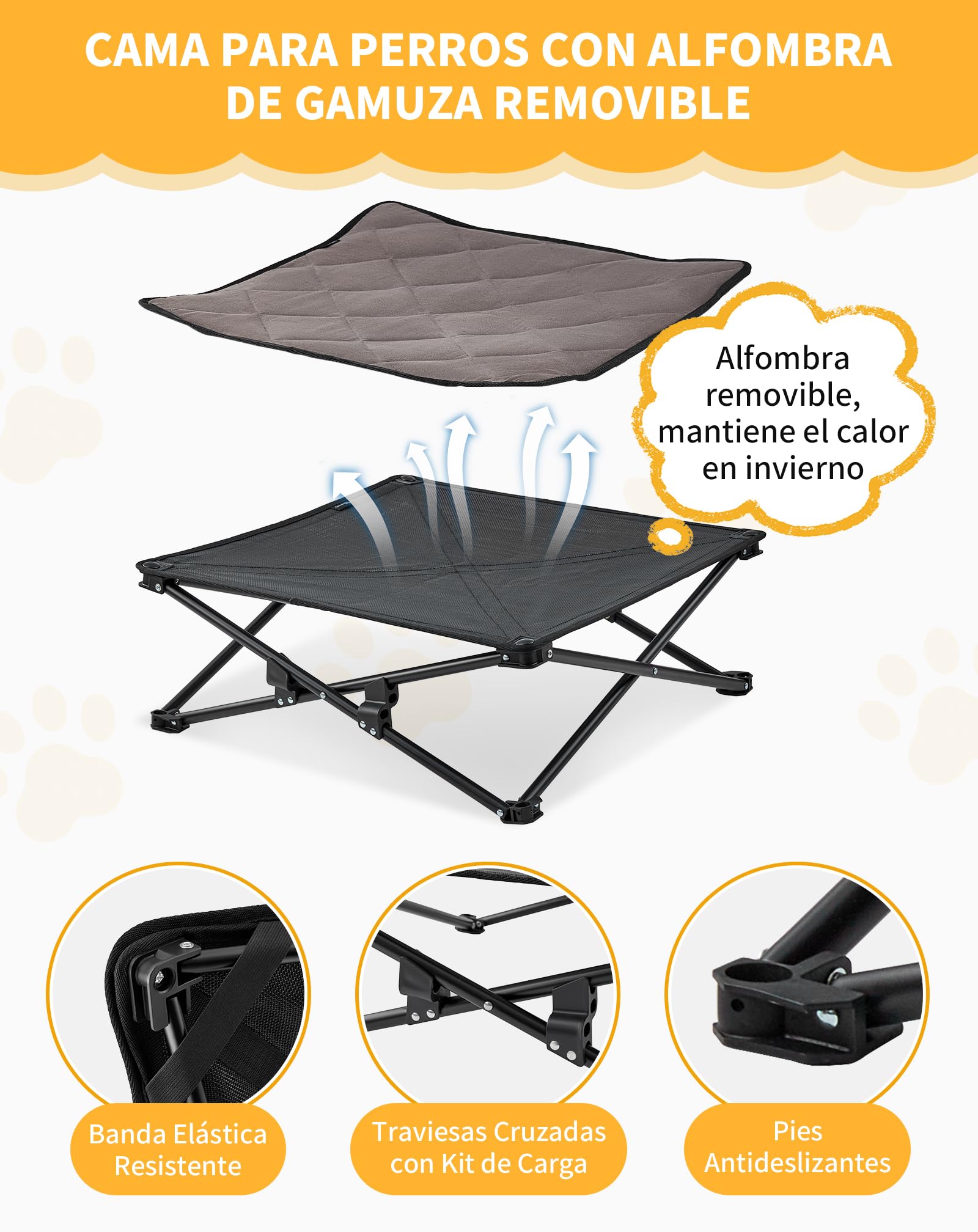 KingCamp Cama Elevada para Perros con Alfombrilla de Ante Extraíble, Cama Elevada Plegable Portátil de Camping para Perro Gatos Mascotas, en Textilene Transpirable, para Exterior Jardín, 57x57x23cm